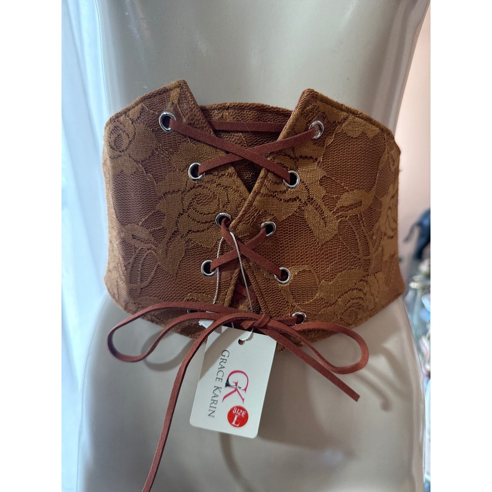 Grace Karin Brown Lace Corset Cinch Belt Elastic Waist Lace Up Grommet Size L